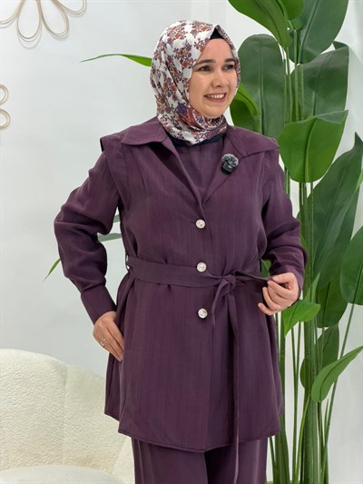 Mürdüm Önü Düğmeli 3 lü Pantolonlu Takım