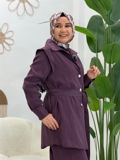 Mürdüm Önü Düğmeli 3 lü Pantolonlu Takım