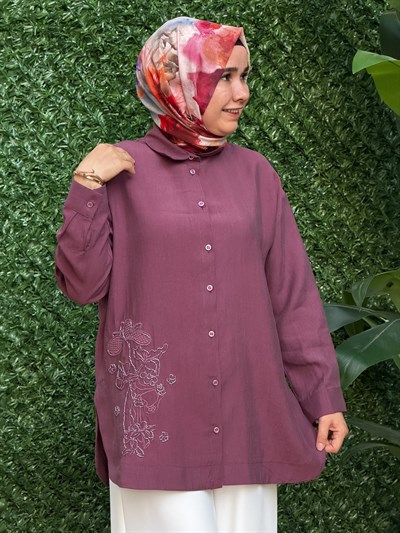Mürdüm Önü Nakış İşlemeli Tunik