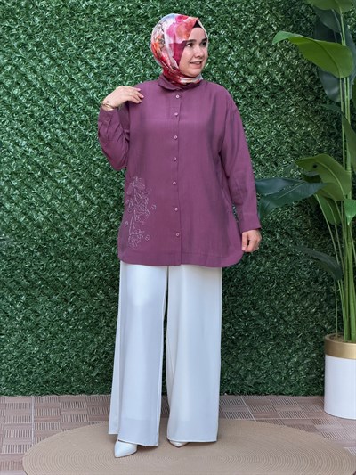 Mürdüm Önü Nakış İşlemeli Tunik
