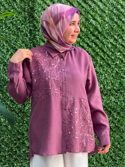 Mürdüm Önü Pul ve Payet İşlemeli Tunik 