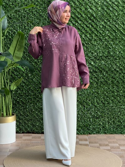 Mürdüm Önü Pul ve Payet İşlemeli Tunik 