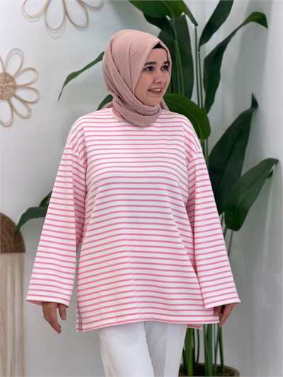 Pembe Çizgili Spor Sweatshirt