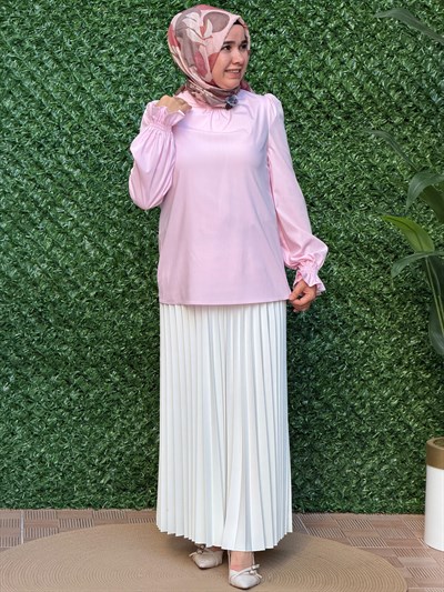Pembe Kol Ucu Gipeli Hakim Yaka Bluz