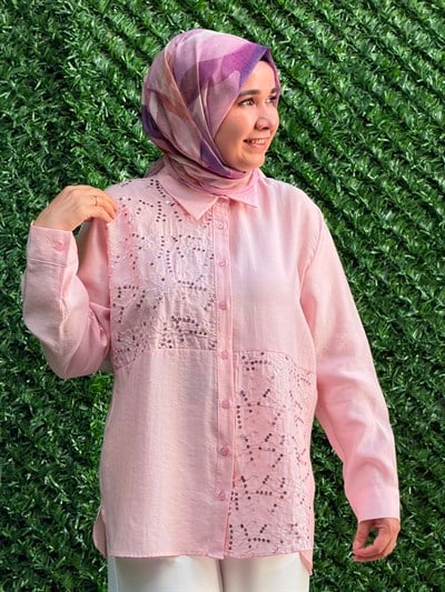 Pembe Önü Pul ve Payet İşlemeli Tunik 