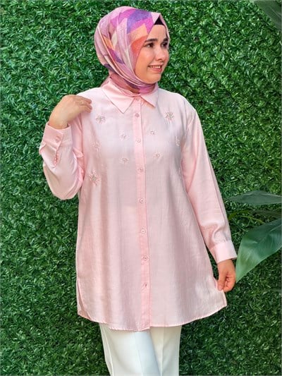 Pembe Taş İşlemeli  Gömlek 