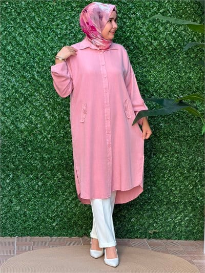 Pembe Yeni Sezon Cep Detaylı Uzun Tunik