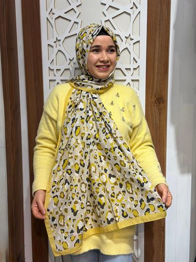 Sarı Leopar Desenli Şal