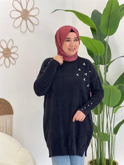 Siyah Angora Taşlı Kazak