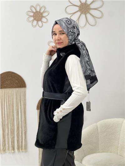 Siyah Bel Kemerli Peluş Yelek