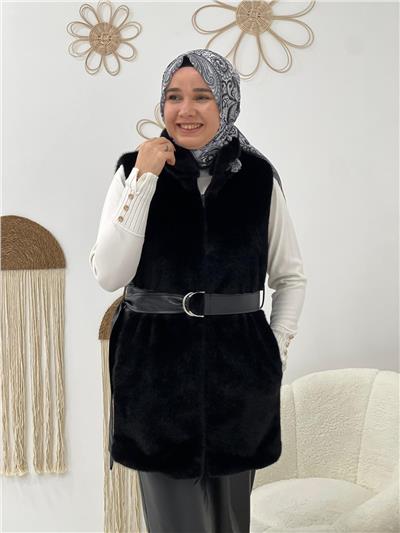 Siyah Bel Kemerli Peluş Yelek