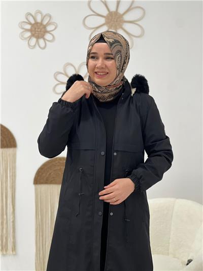 Siyah Bondit Kumaş Parka