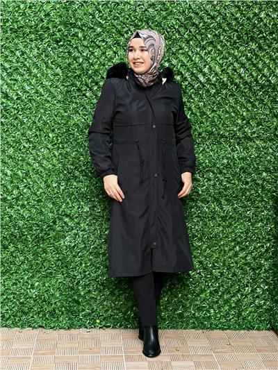 Siyah Bondit Kumaş Parka