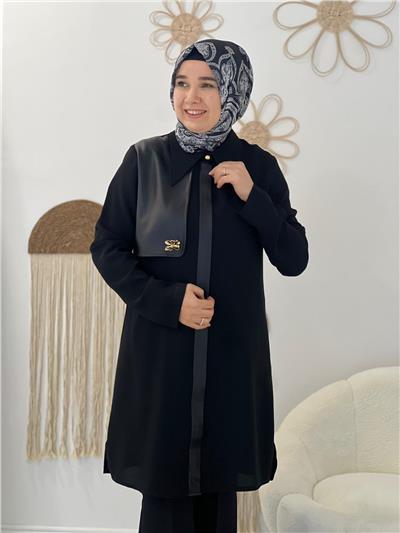 Siyah Broş Fermuarlı Tunik