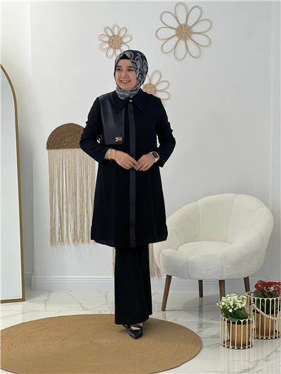 Siyah Broş Fermuarlı Tunik