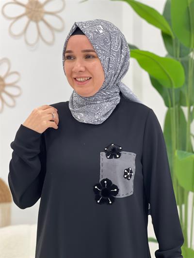 Siyah Çiçek Detaylı Tunik