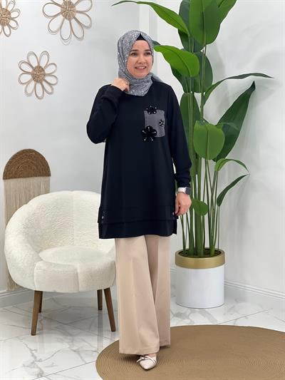 Siyah Çiçek Detaylı Tunik