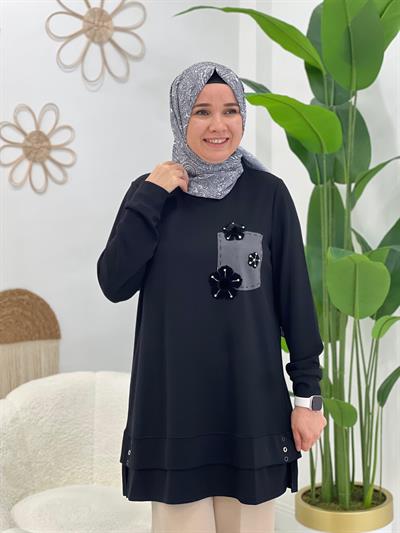 Siyah Çiçek Detaylı Tunik