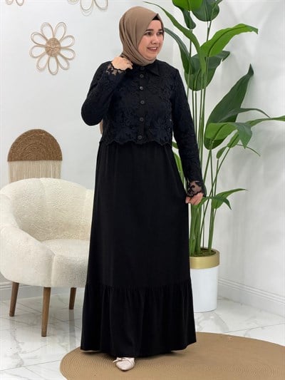 Siyah Dantel Detaylı Elbise