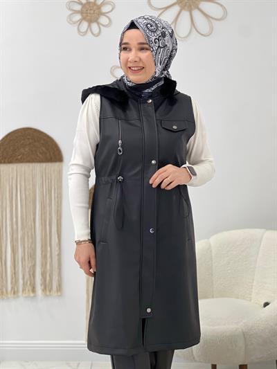 Siyah Kapşonlu Deri Yelek