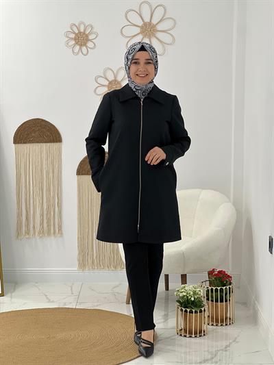 Siyah Kendinden Desenli Ceket