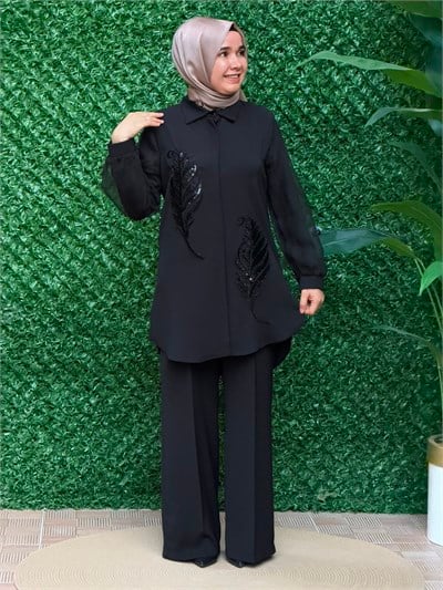 Siyah Kolları Şifon Payet Nakışlı  Takım
