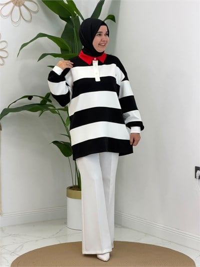 Siyah Polo Yaka Kalın Çizgili Sweatshirt