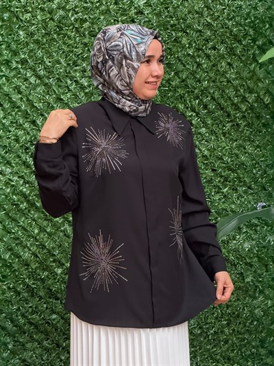Siyah Taş İşlemeli Gömlek Yaka Tunik