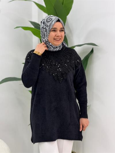 Siyah Taşlı Angora Kazak
