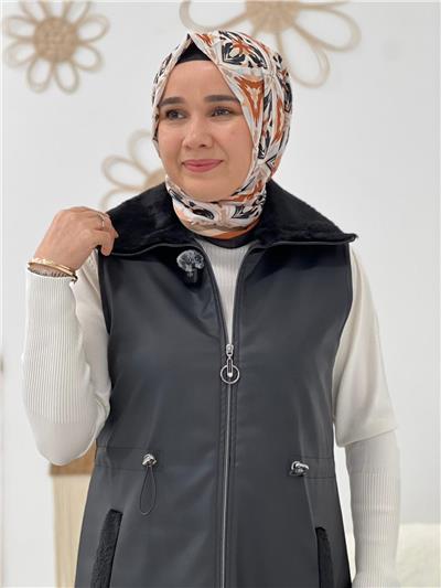 Siyah Yaka Kürklü Deri Yelek