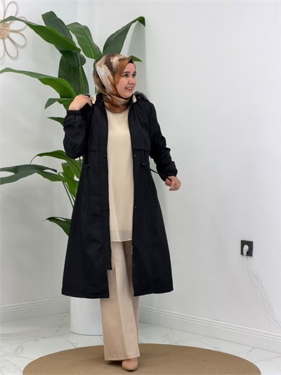 Siyah Yarım Peluş Parka 