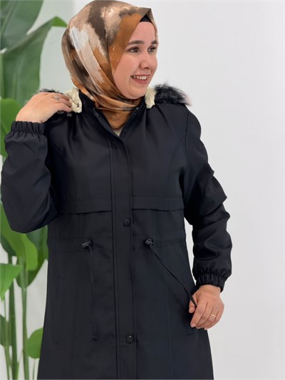 Siyah Yarım Peluş Parka 