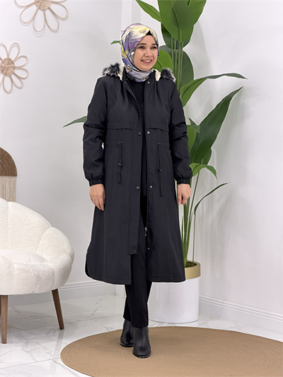 Siyah Yarım Peluş Parka 