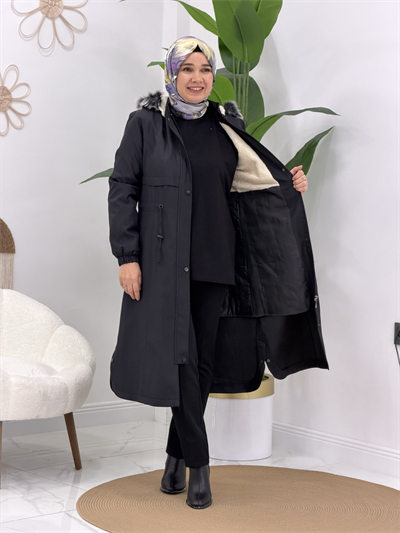Siyah Yarım Peluş Parka 
