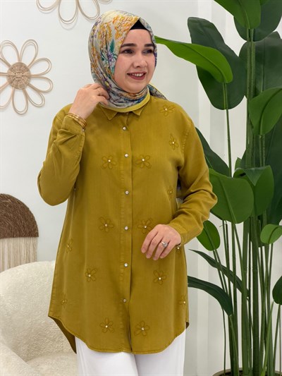 Yağ Yeşil Papatya Desenli Tunik