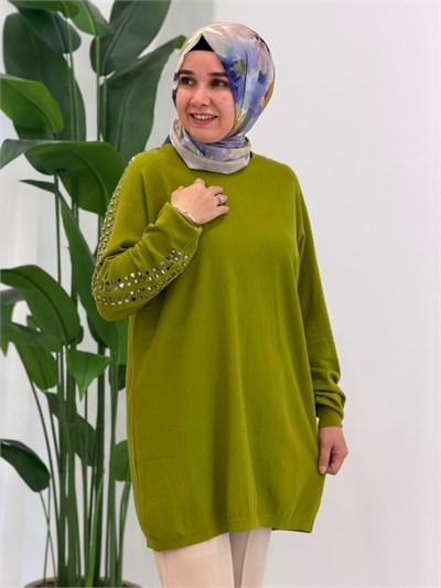 Yağyeşili Kolu Taş Detaylı Triko Kazak