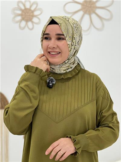 Yeşil  Fırfırlı Triko Tunik