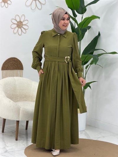 Yeşil Kemer ve Cep Detaylı Elbise