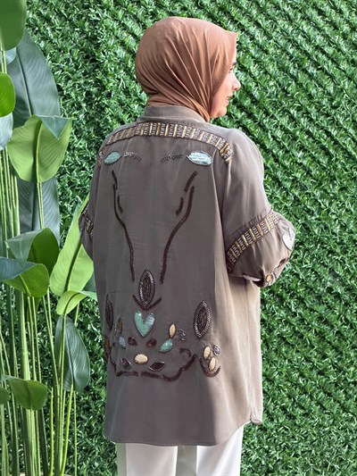 Yeşil Kolları Taş ve Payet İşlemeli Kimono