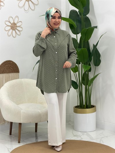 Yeşil Mimoza Taşlı Tunik