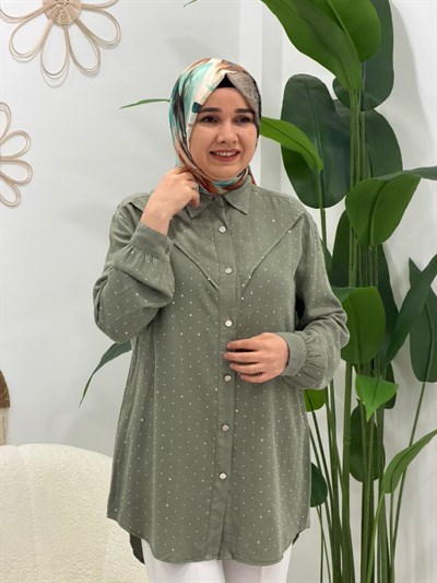Yeşil Mimoza Taşlı Tunik