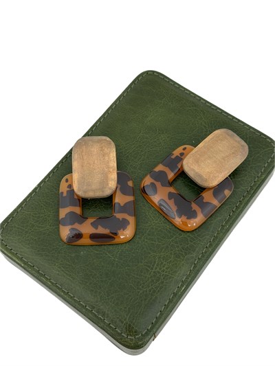 AHşap Detaylı Leopar Desen Reçine Küpe