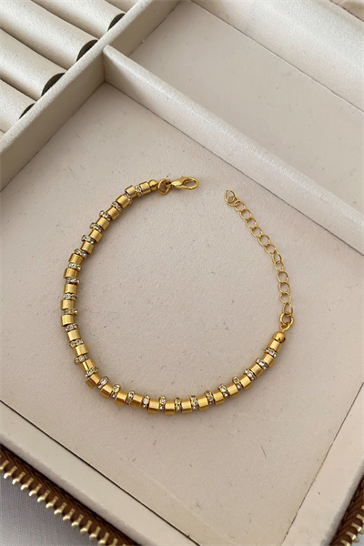 Altın Kaplama Gold Plaka Taşlı Biye Detay Bileklik (20cm)