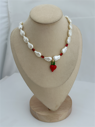 Barok İnci Görünüm Kırmızı Çek Kristal Detay Murano Biber Uç Sallantılı Kolye (43cm)