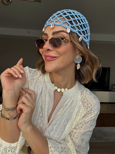 Bebe Mavisi İstiridye Sallantılı Örme File Kep Şapka