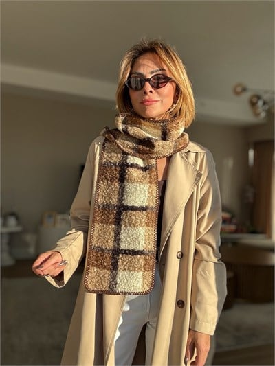 Bej Blok Kareli Yumuşak Dokulu Atkı / Şal