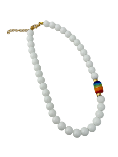 Beyaz Akik Sıralı Gökkuşağı Silindir Murano Detay Kolye (45 Cm)