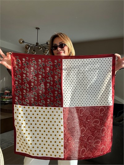 Bordo Patchwork Şal Desen Pamuklu Fular ( 70*70 )