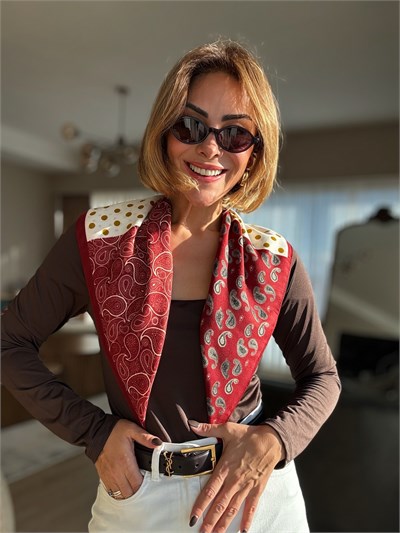 Bordo Patchwork Şal Desen Pamuklu Fular ( 70*70 )