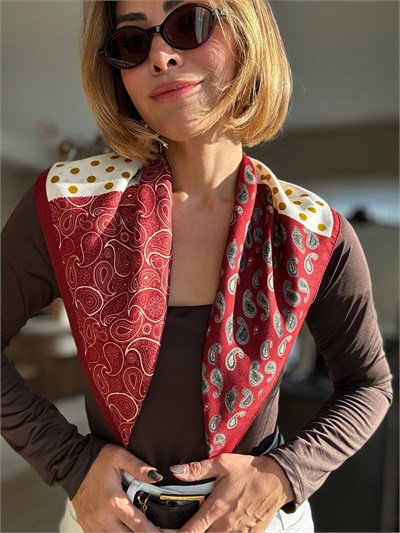 Bordo Patchwork Şal Desen Pamuklu Fular ( 70*70 )